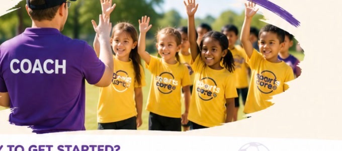 A coach in a purple Sports Core+ shirt high-fiving children in yellow shirts