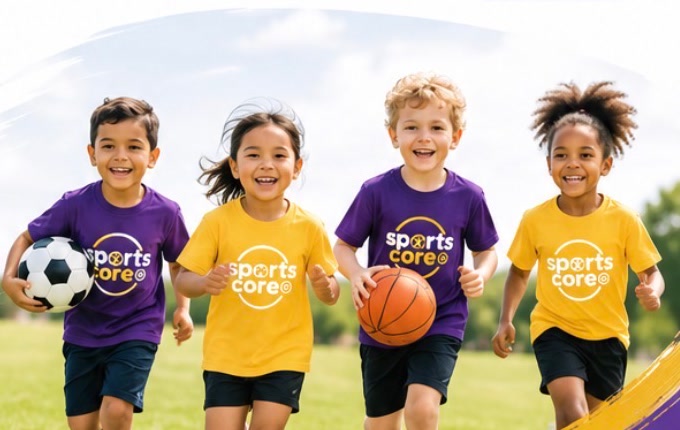 Four children in Sports Core+ shirts running across a field with a soccer ball and basketball